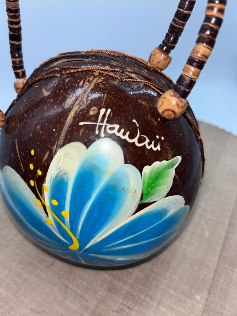 Hand-Painted Coconut Shell Art Small Purse with Blue Floral Design